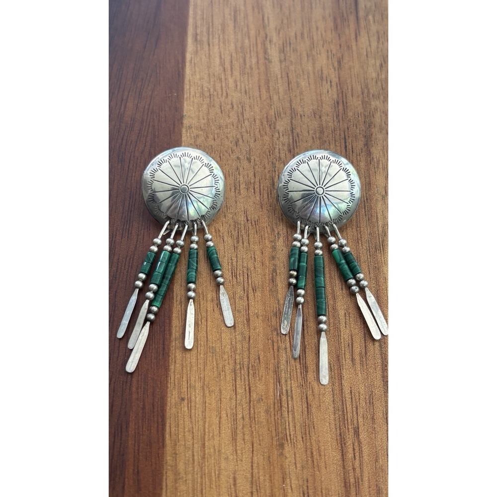 Sterling Silver Concho Green Beaded Dangles Post Earrings Southwest Tribal Boho